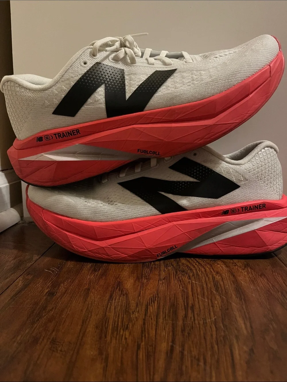 New Balance Men White and Pink FuelCell Trainer Sneakers
